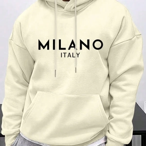 Erkek İtalyan Yaratıcı Baskılı Günlük Çok Yönlü Harfli Kapşonlu Sweatshirt Termal Astarlı