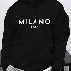 Erkek İtalyan Yaratıcı Baskılı Günlük Çok Yönlü Harfli Kapşonlu Sweatshirt Termal Astarlı