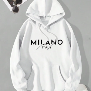Erkek İtalyan Yaratıcı Baskılı Günlük Çok Yönlü Harfli Kapşonlu Sweatshirt Termal Astarlı