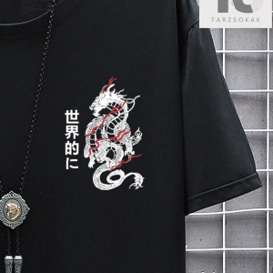 Erkek Japon Harfli ve Ejderha Grafikli Tişört