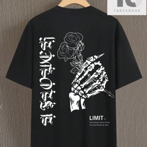 Erkek Kafatası El ve Harf Baskılı Tişört