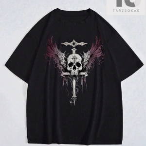 Erkek Kafatası ve Kanatlar Baskılı Tişört