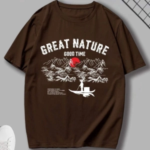 Erkek Kahverengi Great Nature Baskılı Bisiklet Yaka Tişört