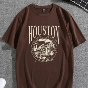 Erkek Kahverengi Houston Baskılı Bisiklet Yaka Tişört