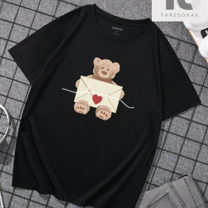 Erkek Karikatür Ayı ve Zarf Baskılı Kısa Kollu Tişört