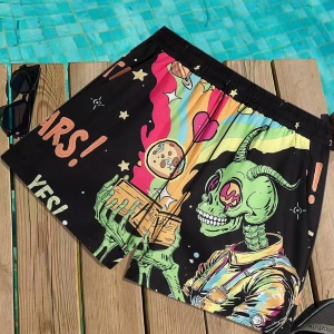 Erkek Karikatür Baskılı Plaj Şortu, Günlük Tatil