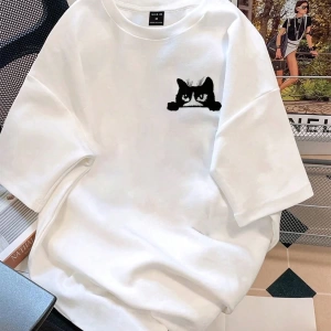 Erkek Karikatür Kedi Baskılı Yuvarlak Yaka Kısa Kollu Günlük Tişört