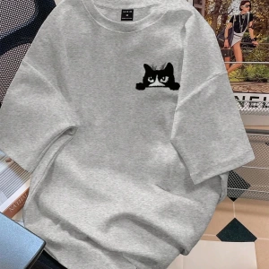 Erkek Karikatür Kedi Baskılı Yuvarlak Yaka Kısa Kollu Günlük Tişört