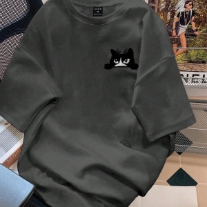 Erkek Karikatür Kedi Baskılı Yuvarlak Yaka Kısa Kollu Günlük Tişört