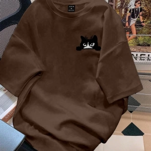 Erkek Karikatür Kedi Baskılı Yuvarlak Yaka Kısa Kollu Günlük Tişört