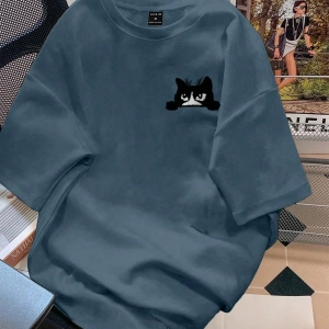 Erkek Karikatür Kedi Baskılı Yuvarlak Yaka Kısa Kollu Günlük Tişört