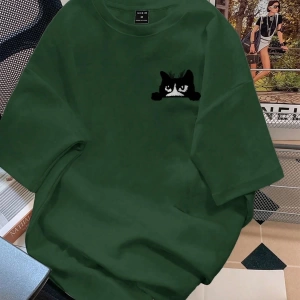 Erkek Karikatür Kedi Baskılı Yuvarlak Yaka Kısa Kollu Günlük Tişört