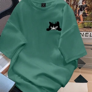 Erkek Karikatür Kedi Baskılı Yuvarlak Yaka Kısa Kollu Günlük Tişört