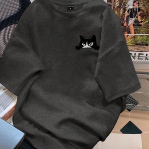 Erkek Karikatür Kedi Baskılı Yuvarlak Yaka Kısa Kollu Günlük Tişört