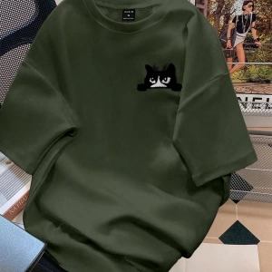 Erkek Karikatür Kedi Baskılı Yuvarlak Yaka Kısa Kollu Günlük Tişört
