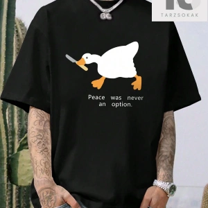 Erkek Karikatür Ördek Baskılı Yuvarlak Yaka Sloganlı Tişört