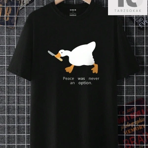 Erkek Karikatür Ördek Baskılı Yuvarlak Yaka Sloganlı Tişört