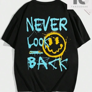 Erkek Karikatür & Slogan Grafikli Düşük Omuz Tişörtü