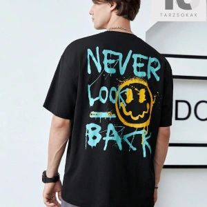 Erkek Karikatür & Slogan Grafikli Düşük Omuz Tişörtü