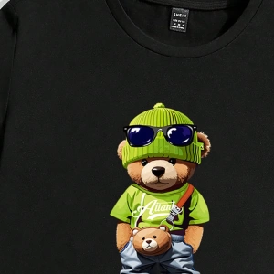 Erkek Karikatür Teddy Ayı Desenli Kontrast Renkli Tişört Şort Takımı, Yazlık K