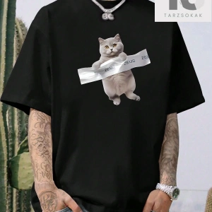 Erkek Kedi ve Mektup Baskılı Tişört