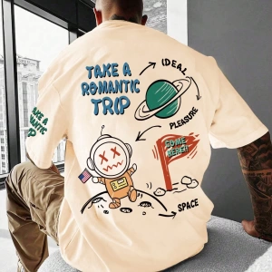 Erkek Komik Graffiti Karikatür Baskılı Bol Kesim Kısa Kollu Tişört, Erkek Ark