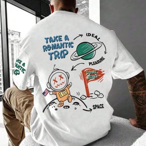 Erkek Komik Graffiti Karikatür Baskılı Bol Kesim Kısa Kollu Tişört, Erkek Ark