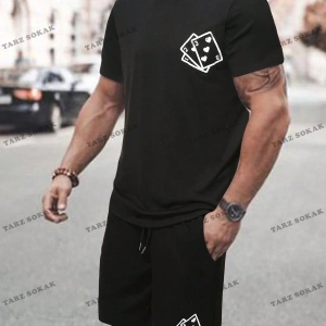 Erkek Kulaklık Baskı Kısa Kollu Tişört Ve Şort 2 adet/takım