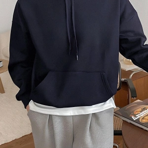 Erkek Lacivert Düz Kapüşonlu Oversize 3 iplik Şardonlu Salaş Bol Kesim Hoodie Swe Lacivert
