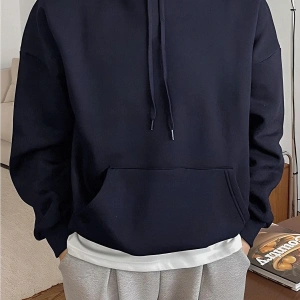 Erkek Lacivert Düz Kapüşonlu Oversize 3 iplik Şardonlu Salaş Bol Kesim Hoodie Swe Lacivert