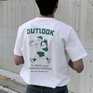 Erkek Mektup ve Karikatür Portre Baskılı Yuvarlak Yaka Kısa Kollu Tişört