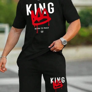 Erkek Moda King Baskılı Kısa Kollu Tişört Ve Şort Kombo Seti