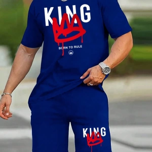 Erkek Moda King Baskılı Kısa Kollu Tişört Ve Şort Kombo Seti