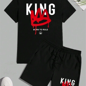 Erkek Moda King Baskılı Kısa Kollu Tişört Ve Şort Kombo Seti