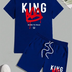 Erkek Moda King Baskılı Kısa Kollu Tişört Ve Şort Kombo Seti