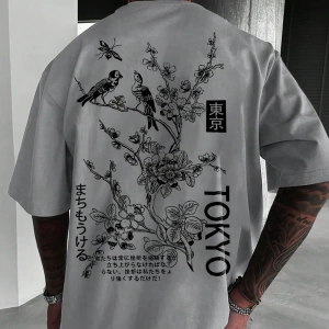 Erkek Moda Yeni Japon Tarzı Böcek, Kuş ve Çiçek Baskılı Kısa Kollu Gömlek, İlkbahar/Yaz
