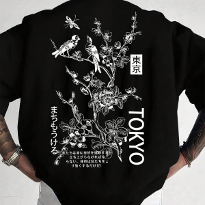 Erkek Moda Yeni Japon Tarzı Böcek, Kuş ve Çiçek Baskılı Kısa Kollu Gömlek, İlkbahar/Yaz