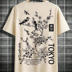 Erkek Moda Yeni Japon Tarzı Böcek, Kuş ve Çiçek Baskılı Kısa Kollu Gömlek, İlkbahar/Yaz