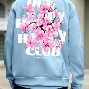 Erkek Modası Rahat Komik Bükülmüş Harf ve Çiçek Baskılı Büyük Boy Polar Sweat