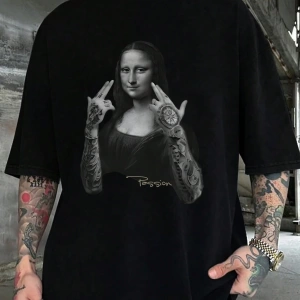 Erkek Mona Lisa Baskılı Vintage Sokak Giyimi Yuvarlak Yaka Bol Kısa Kollu Tişört