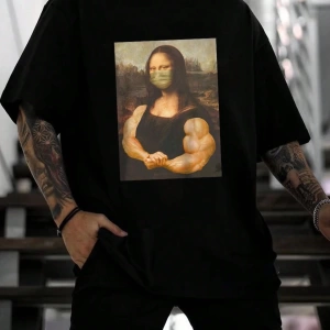 Erkek Mona Lisa Baskılı Yuvarlak Yaka Tişört