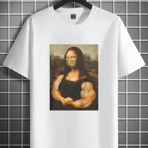 Erkek Mona Lisa Baskılı Yuvarlak Yaka Tişört