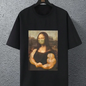 Erkek Mona Lisa Baskılı Yuvarlak Yaka Tişört
