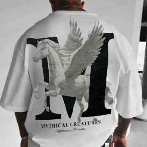 Erkek Mythical Pegasus Baskılı Beyaz Bisiklet Yaka Oversize Salaş