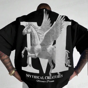 Erkek Mythical Pegasus Baskılı Beyaz Bisiklet Yaka Oversize Salaş