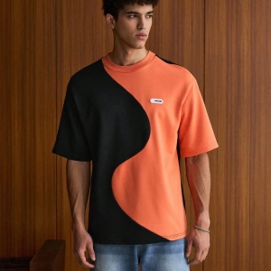 Erkek Örgü Moda Rahat Bol Patchwork Kısa Kollu Tişört