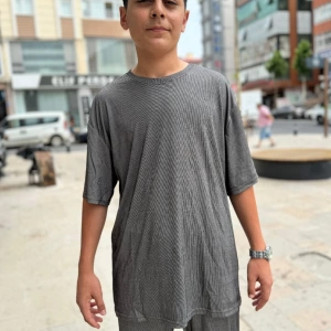 Erkek Oversize Comfort Çizgili Penye Kısa Kollu
