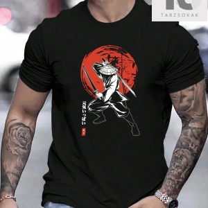 Erkek Portre & Japonca Kelime Baskılı Kısa Kollu Tişört