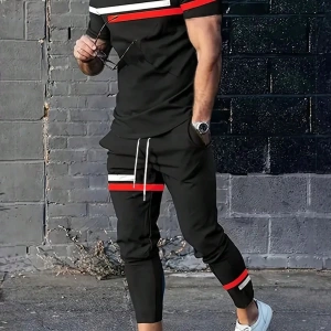 Erkek Rahat Çizgili Kısa Kollu Tişört ve Ombre Spor Pantolon Takımı, Açık Hava Aktivi