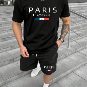 Erkek Rahat Yaz Takımı - Kısa Kollu Harf ve Grafik Baskı No Tişört Ve Şort Takımı